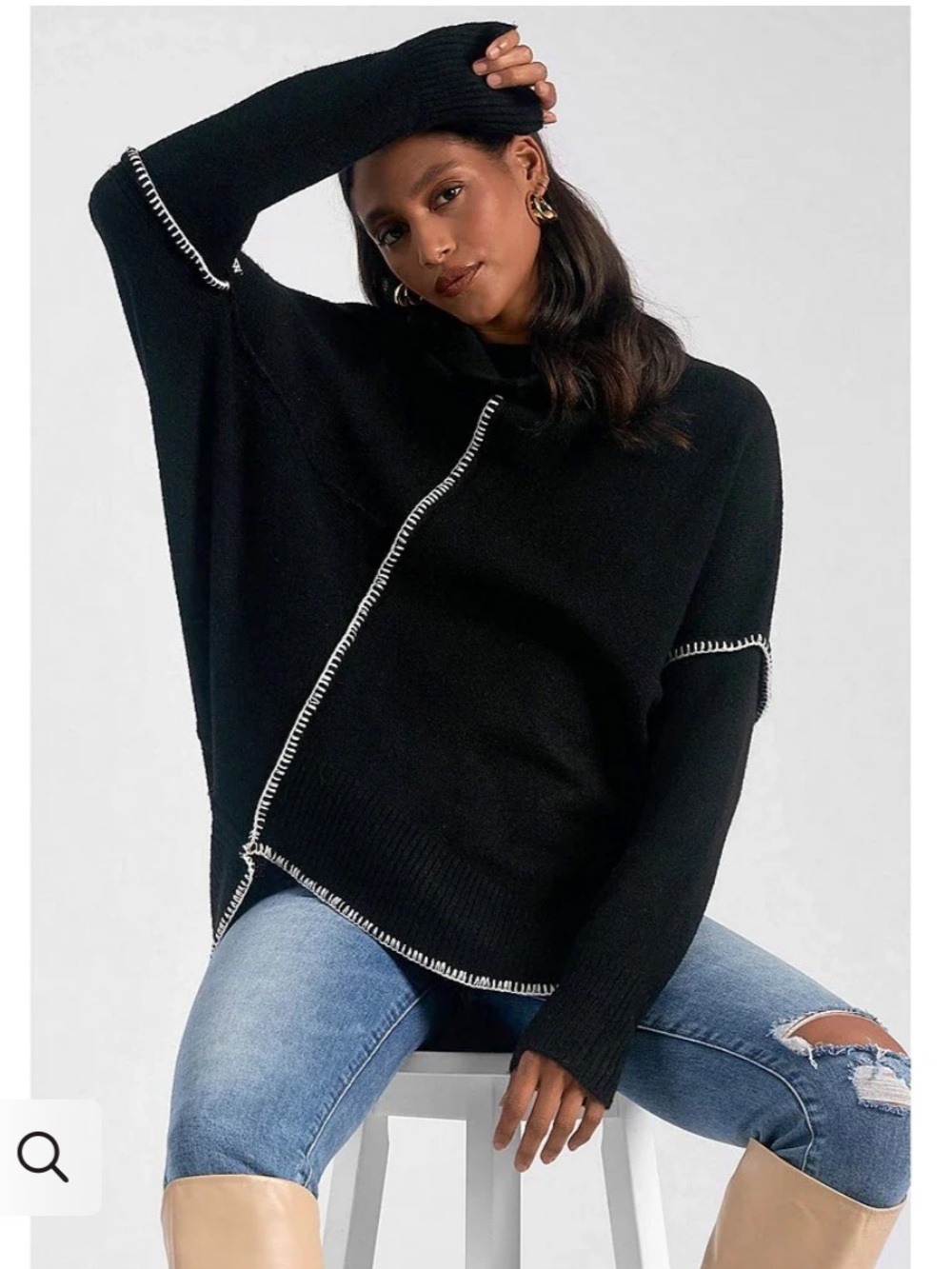 Elan asymmetrical Black Sweater with Contrast Stitch Trim